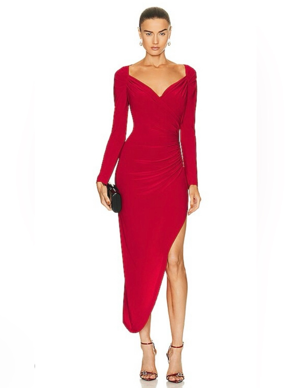 NWT! Norma Kamali Sweetheart Side Drape Dress -Long Sleeve, Red Size S/36